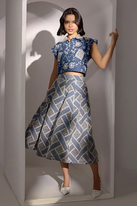 Shop Label Deepika Nagpal Blue Denim Embroidery Collared Top And Midi Skirt Set Online at Aza Fashions Shop_Label Deepika Nagpal_Blue Denim Embroidery Collared Top And Midi Skirt Set _Online_at_Aza_Fashions