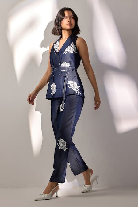 Label Deepika Nagpal Blue Cotton Embroidery Blazer And Pant Set Online at Aza Fashions Label Deepika Nagpal_Blue Cotton Embroidery Blazer And Pant Set _Online_at_Aza_Fashions