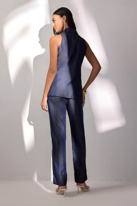 Shop Label Deepika Nagpal Navy Denim Embroidery V-neck Floral Pant Set at Aza Fashions Shop_Label Deepika Nagpal_Navy Denim Embroidery V-neck Floral Pant Set _at_Aza_Fashions