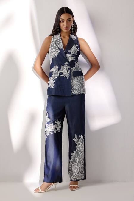 Buy Label Deepika Nagpal Navy Denim Embroidery V-neck Floral Pant Set Online at Aza Fashions Buy_Label Deepika Nagpal_Navy Denim Embroidery V-neck Floral Pant Set _Online_at_Aza_Fashions