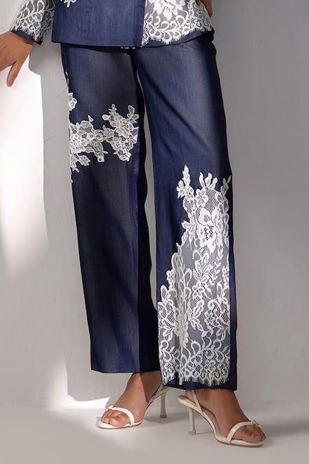 Label Deepika Nagpal Blue Denim Lace, Embroidery Blazer Pant Set Online at Aza Fashions Label Deepika Nagpal_Blue Denim Lace, Embroidery Blazer Pant Set _Online_at_Aza_Fashions