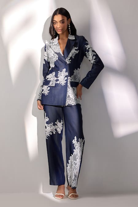 Buy Label Deepika Nagpal Blue Denim Lace, Embroidery Blazer Pant Set Online at Aza Fashions Buy_Label Deepika Nagpal_Blue Denim Lace, Embroidery Blazer Pant Set _Online_at_Aza_Fashions