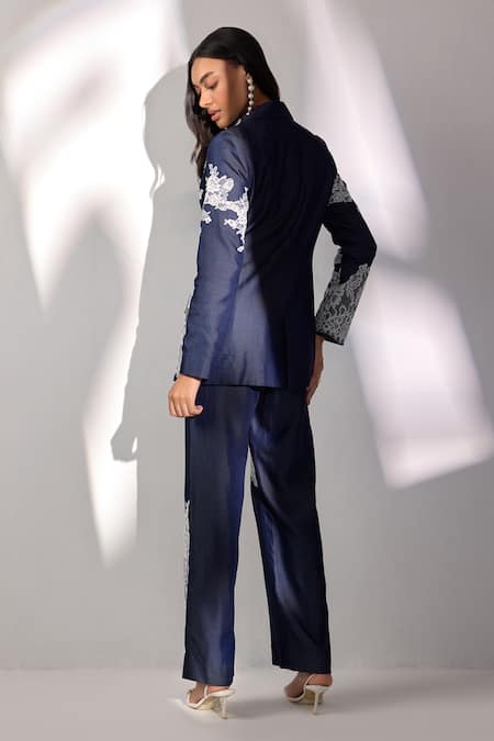 Shop Label Deepika Nagpal Blue Denim Lace, Embroidery Blazer Pant Set at Aza Fashions Shop_Label Deepika Nagpal_Blue Denim Lace, Embroidery Blazer Pant Set _at_Aza_Fashions