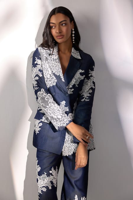 Shop Label Deepika Nagpal Blue Denim Lace, Embroidery Blazer Pant Set Online at Aza Fashions Shop_Label Deepika Nagpal_Blue Denim Lace, Embroidery Blazer Pant Set _Online_at_Aza_Fashions