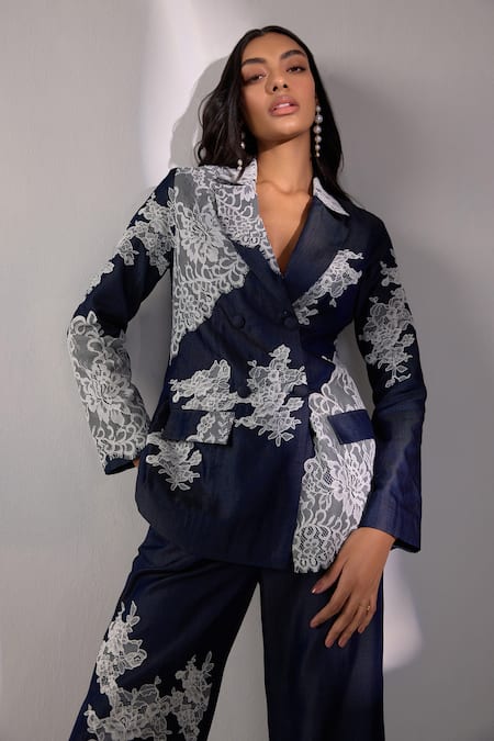 Buy Label Deepika Nagpal Blue Denim Lace, Embroidery Blazer Pant Set Buy_Label Deepika Nagpal_Blue Denim Lace, Embroidery Blazer Pant Set