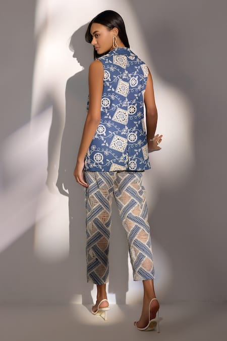 Shop Label Deepika Nagpal Blue Denim Embroidery Blazer And Bustier Pant Set at Aza Fashions Shop_Label Deepika Nagpal_Blue Denim Embroidery Blazer And Bustier Pant Set _at_Aza_Fashions