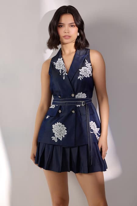 Shop Label Deepika Nagpal Blue Denim Embroidery Effect Blazer And Skorts Set Online at Aza Fashions Shop_Label Deepika Nagpal_Blue Denim Embroidery Effect Blazer And Skorts Set _Online_at_Aza_Fashions