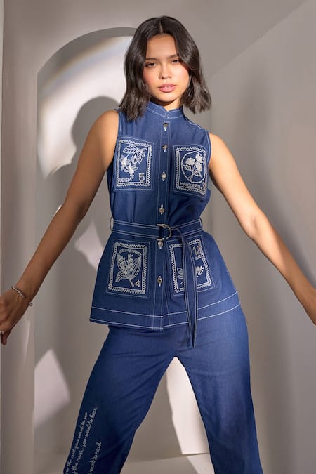 Buy Label Deepika Nagpal Blue Denim Embroidery Collared Designer Pant Set Online at Aza Fashions Buy_Label Deepika Nagpal_Blue Denim Embroidery Collared Designer Pant Set _Online_at_Aza_Fashions