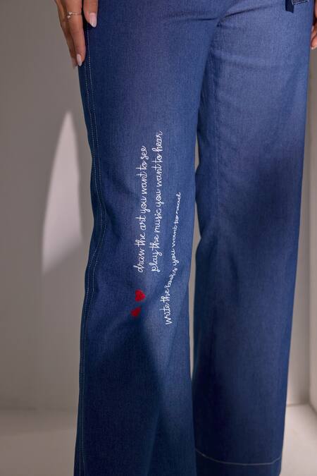 Buy Label Deepika Nagpal Blue Denim Embroidery Collared Designer Pant Set Buy_Label Deepika Nagpal_Blue Denim Embroidery Collared Designer Pant Set