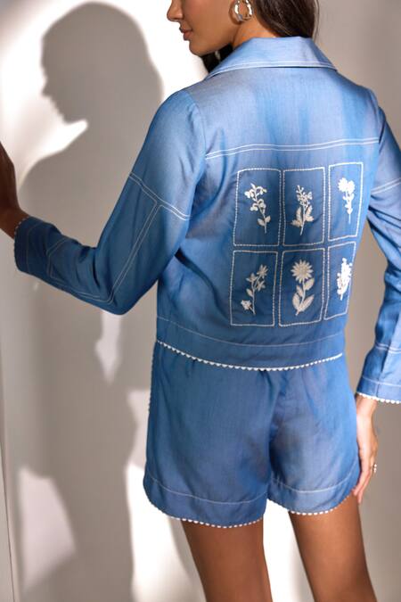 Label Deepika Nagpal_Blue Denim Lace Collared Cropped Shacket And Relaxed Fit Shorts Set_Online_at_Aza_Fashions