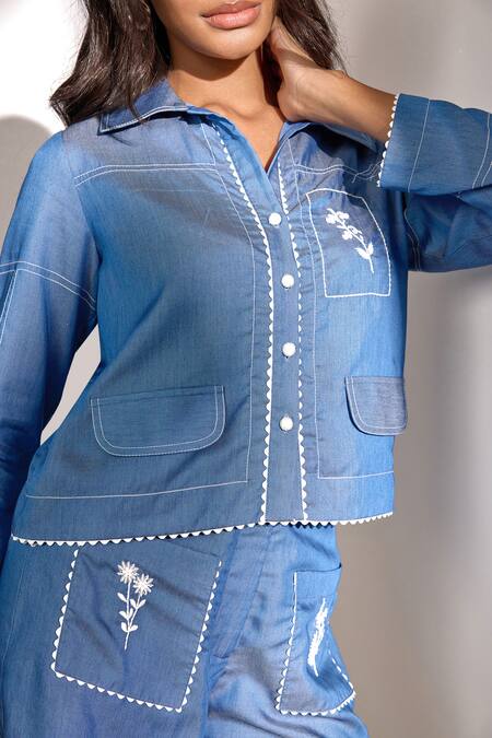 Label Deepika Nagpal_Blue Denim Lace Collared Cropped Shacket And Relaxed Fit Shorts Set_at_Aza_Fashions