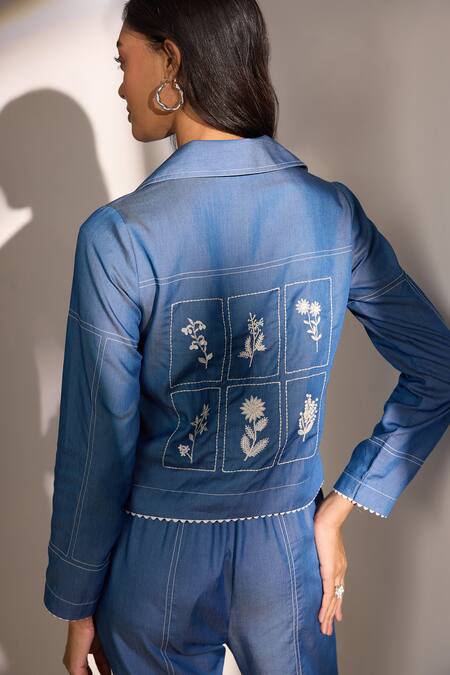 Shop Label Deepika Nagpal Blue Denim Embroidery Collared Cropped Shacket And Straight Pants Set Online at Aza Fashions Shop_Label Deepika Nagpal_Blue Denim Embroidery Collared Cropped Shacket And Straight Pants Set_Online_at_Aza_Fashions