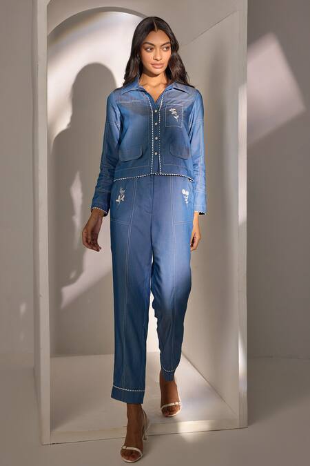 Label Deepika Nagpal Blue Denim Embroidery Collared Cropped Shacket And Straight Pants Set at Aza Fashions Label Deepika Nagpal_Blue Denim Embroidery Collared Cropped Shacket And Straight Pants Set_at_Aza_Fashions