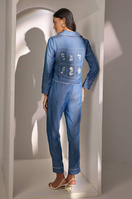 Shop Label Deepika Nagpal Blue Denim Embroidery Collared Cropped Shacket And Straight Pants Set at Aza Fashions Shop_Label Deepika Nagpal_Blue Denim Embroidery Collared Cropped Shacket And Straight Pants Set_at_Aza_Fashions