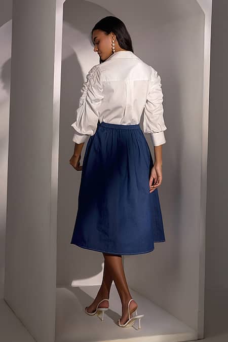 Shop Label Deepika Nagpal White Denim Embroidery Collared Ruching Shirt And Corset Skirt Set at Aza Fashions Shop_Label Deepika Nagpal_White Denim Embroidery Collared Ruching Shirt And Corset Skirt Set _at_Aza_Fashions