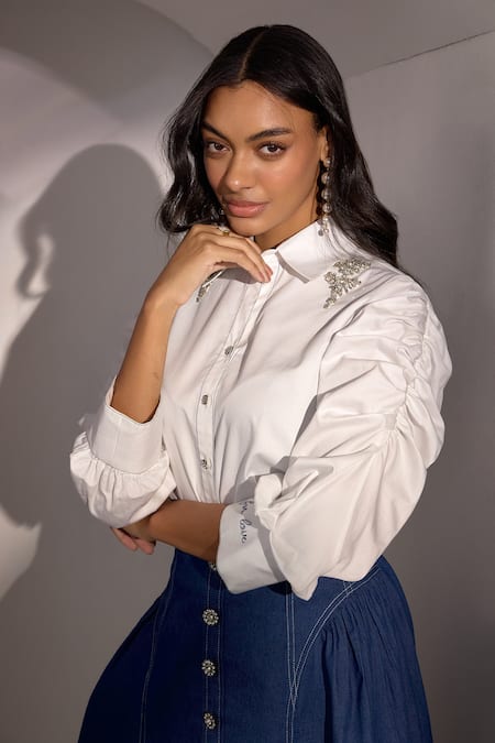 Shop Label Deepika Nagpal White Denim Embroidery Collared Ruching Shirt And Corset Skirt Set Online at Aza Fashions Shop_Label Deepika Nagpal_White Denim Embroidery Collared Ruching Shirt And Corset Skirt Set _Online_at_Aza_Fashions