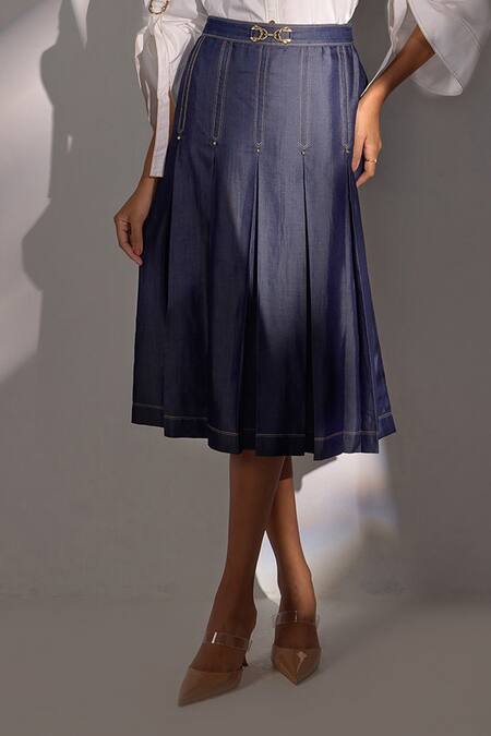 Label Deepika Nagpal_White Cotton, Denim Crystals Collared Relaxed Fit Shirt And Pleated Skirt Set_Online_at_Aza_Fashions