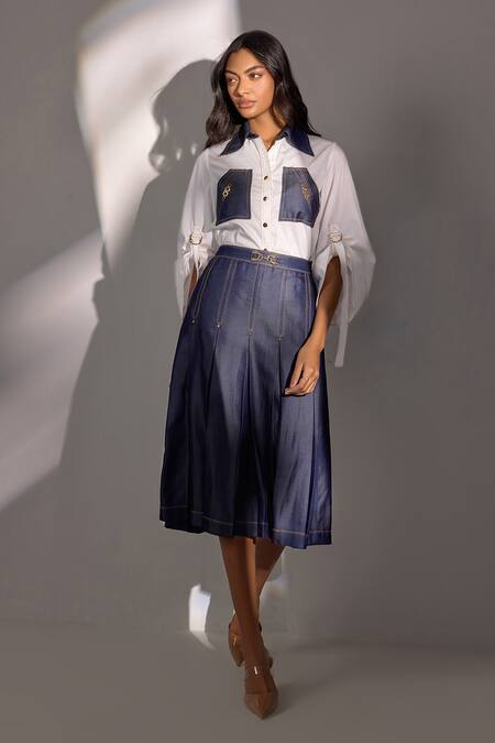 Buy_Label Deepika Nagpal_White Cotton, Denim Crystals Collared Relaxed Fit Shirt And Pleated Skirt Set_Online_at_Aza_Fashions