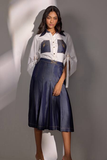 Shop_Label Deepika Nagpal_White Cotton, Denim Crystals Collared Relaxed Fit Shirt And Pleated Skirt Set_Online_at_Aza_Fashions