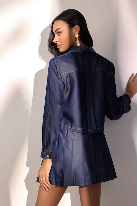 Shop Label Deepika Nagpal Blue Denim Metallic Thread Collared Cropped Shirt And Pleated Skorts Set at Aza Fashions Shop_Label Deepika Nagpal_Blue Denim Metallic Thread Collared Cropped Shirt And Pleated Skorts Set_at_Aza_Fashions