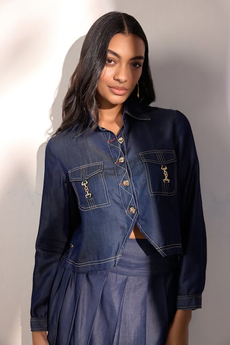 Label Deepika Nagpal Blue Denim Metallic Thread Collared Cropped Shirt And Pleated Skorts Set at Aza Fashions Label Deepika Nagpal_Blue Denim Metallic Thread Collared Cropped Shirt And Pleated Skorts Set_at_Aza_Fashions