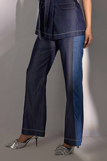 Label Deepika Nagpal Blue Denim Embroidery, Crystals Embellished Effect Blazer And Pant Set Online at Aza Fashions Label Deepika Nagpal_Blue Denim Embroidery, Crystals Embellished Effect Blazer And Pant Set_Online_at_Aza_Fashions