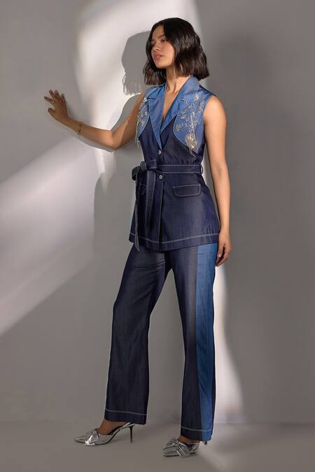 Buy Label Deepika Nagpal Blue Denim Embroidery, Crystals Embellished Effect Blazer And Pant Set Online at Aza Fashions Buy_Label Deepika Nagpal_Blue Denim Embroidery, Crystals Embellished Effect Blazer And Pant Set_Online_at_Aza_Fashions