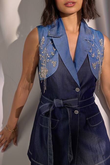 Buy Label Deepika Nagpal Blue Denim Embroidery, Crystals Embellished Effect Blazer And Pant Set Buy_Label Deepika Nagpal_Blue Denim Embroidery, Crystals Embellished Effect Blazer And Pant Set