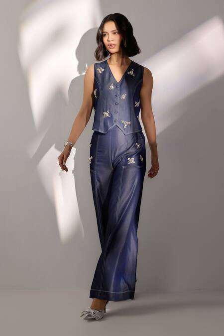 Buy_Label Deepika Nagpal_Blue Denim Embroidery, Stones V-neck Embellished Effect Waistcoat And Pant Set_Online_at_Aza_Fashions