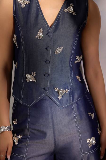 Label Deepika Nagpal_Blue Denim Embroidery, Stones V-neck Embellished Effect Waistcoat And Pant Set_at_Aza_Fashions