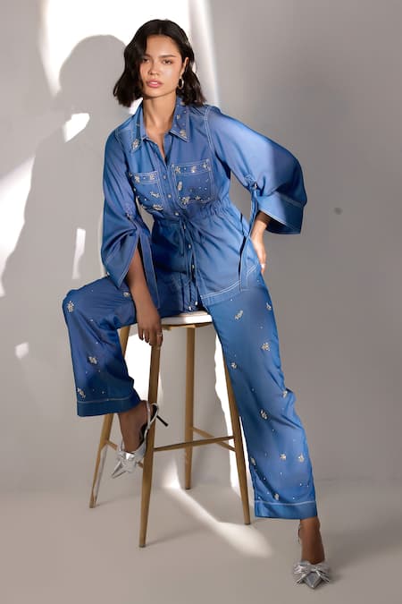 Label Deepika Nagpal_Blue Denim Embroidery, Beads Collared Embellished Effect Shirt And Pant Set _Online_at_Aza_Fashions