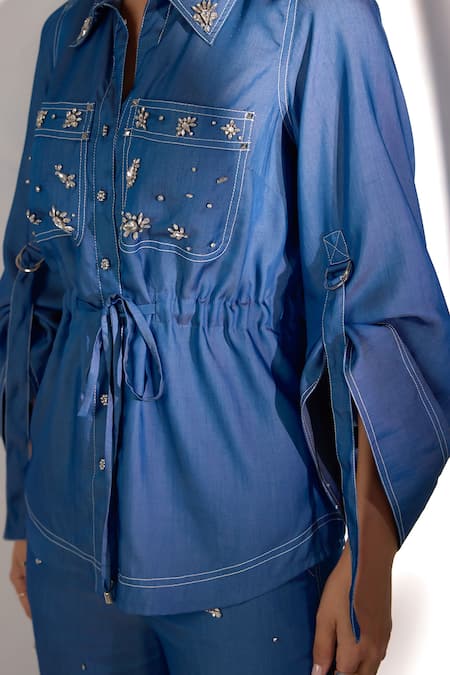 Label Deepika Nagpal_Blue Denim Embroidery, Beads Collared Embellished Effect Shirt And Pant Set _at_Aza_Fashions