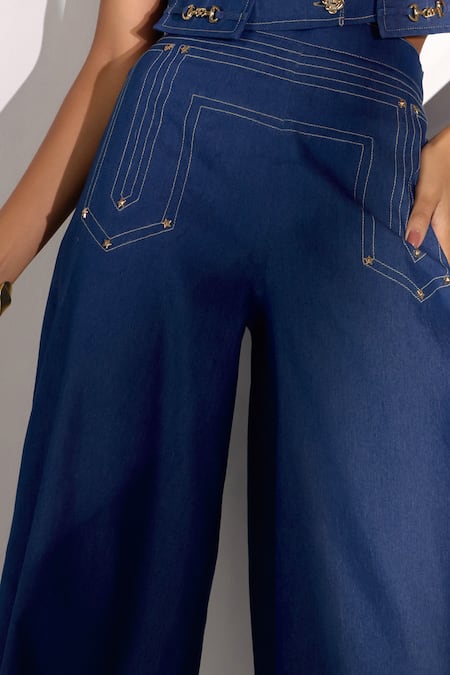 Shop_Label Deepika Nagpal_Blue Denim Cropped Blazer And Wide-fit Pants Set_Online_at_Aza_Fashions