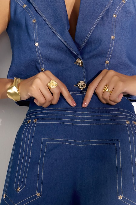 Label Deepika Nagpal_Blue Denim Cropped Blazer And Wide-fit Pants Set_at_Aza_Fashions