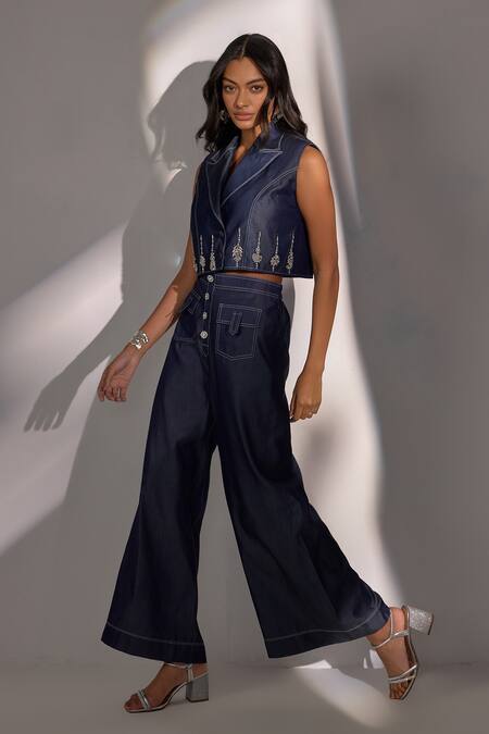 Buy Label Deepika Nagpal Blue Denim Embroidery Cropped Effect Blazer And Wide Pants Set Online at Aza Fashions Buy_Label Deepika Nagpal_Blue Denim Embroidery Cropped Effect Blazer And Wide Pants Set_Online_at_Aza_Fashions