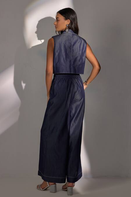 Shop Label Deepika Nagpal Blue Denim Embroidery Cropped Effect Blazer And Wide Pants Set at Aza Fashions Shop_Label Deepika Nagpal_Blue Denim Embroidery Cropped Effect Blazer And Wide Pants Set_at_Aza_Fashions