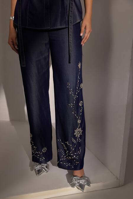 Label Deepika Nagpal Blue Denim Embroidery, Beads Collared Embellished Pant Set Online at Aza Fashions Label Deepika Nagpal_Blue Denim Embroidery, Beads Collared Embellished Pant Set_Online_at_Aza_Fashions