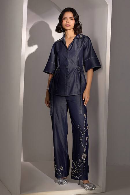 Buy Label Deepika Nagpal Blue Denim Embroidery, Beads Collared Embellished Pant Set Online at Aza Fashions Buy_Label Deepika Nagpal_Blue Denim Embroidery, Beads Collared Embellished Pant Set_Online_at_Aza_Fashions