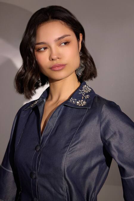 Label Deepika Nagpal Blue Denim Embroidery, Beads Collared Embellished Pant Set at Aza Fashions Label Deepika Nagpal_Blue Denim Embroidery, Beads Collared Embellished Pant Set_at_Aza_Fashions