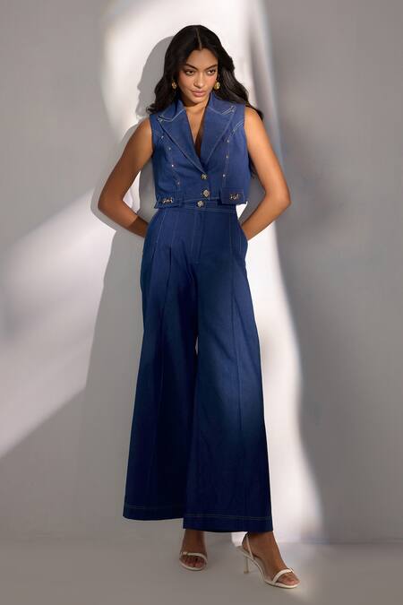 Shop Label Deepika Nagpal Blue Denim Cropped Blazer And Wide-fit Pant Set Online at Aza Fashions Shop_Label Deepika Nagpal_Blue Denim Cropped Blazer And Wide-fit Pant Set _Online_at_Aza_Fashions