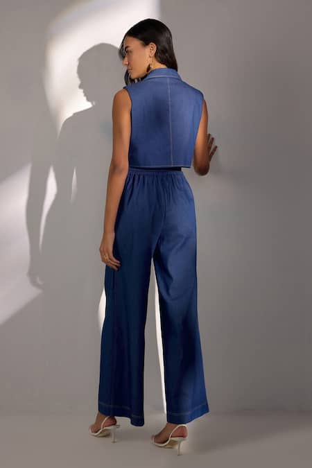 Shop Label Deepika Nagpal Blue Denim Cropped Blazer And Wide-fit Pant Set at Aza Fashions Shop_Label Deepika Nagpal_Blue Denim Cropped Blazer And Wide-fit Pant Set _at_Aza_Fashions