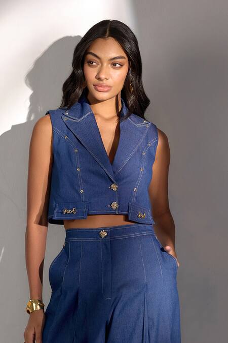 Buy Label Deepika Nagpal Blue Denim Cropped Blazer And Wide-fit Pant Set Buy_Label Deepika Nagpal_Blue Denim Cropped Blazer And Wide-fit Pant Set