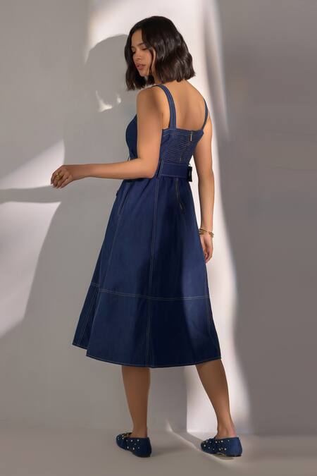Shop Label Deepika Nagpal Blue Denim Square Neck Sleeveless Midi Dress With Pockets at Aza Fashions Shop_Label Deepika Nagpal_Blue Denim Square Neck Sleeveless Midi Dress With Pockets_at_Aza_Fashions
