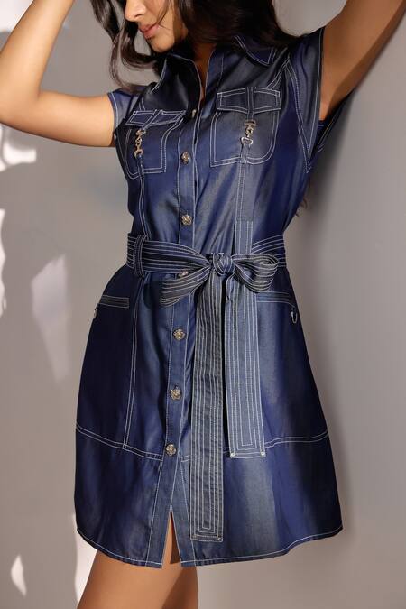 Buy Label Deepika Nagpal Blue Denim Collared Dress With Belt Online at Aza Fashions Buy_Label Deepika Nagpal_Blue Denim Collared Dress With Belt_Online_at_Aza_Fashions
