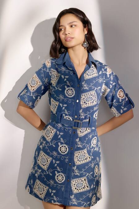Shop Label Deepika Nagpal Blue Denim Embroidery Collared Short Dress With Belt Online at Aza Fashions Shop_Label Deepika Nagpal_Blue Denim Embroidery Collared Short Dress With Belt _Online_at_Aza_Fashions