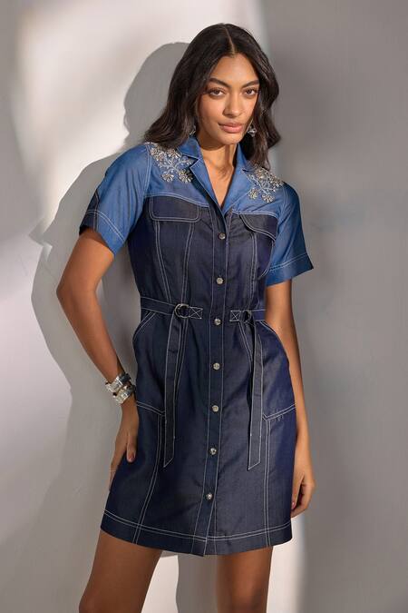 Shop Label Deepika Nagpal Blue Denim Crystals Collared Effect Short Dress Online at Aza Fashions Shop_Label Deepika Nagpal_Blue Denim Crystals Collared Effect Short Dress_Online_at_Aza_Fashions