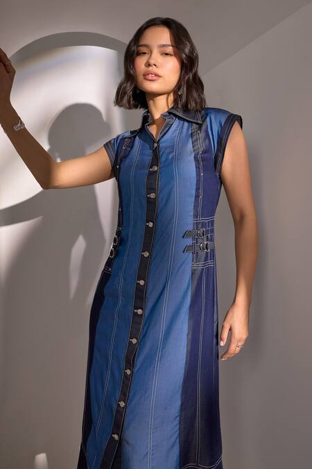 Label Deepika Nagpal_Blue Denim Collared Effect Midi Dress_Online_at_Aza_Fashions