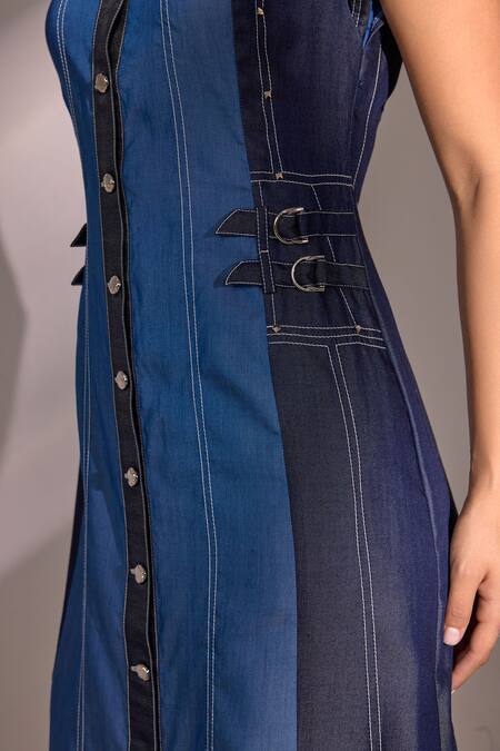 Label Deepika Nagpal_Blue Denim Collared Effect Midi Dress_at_Aza_Fashions