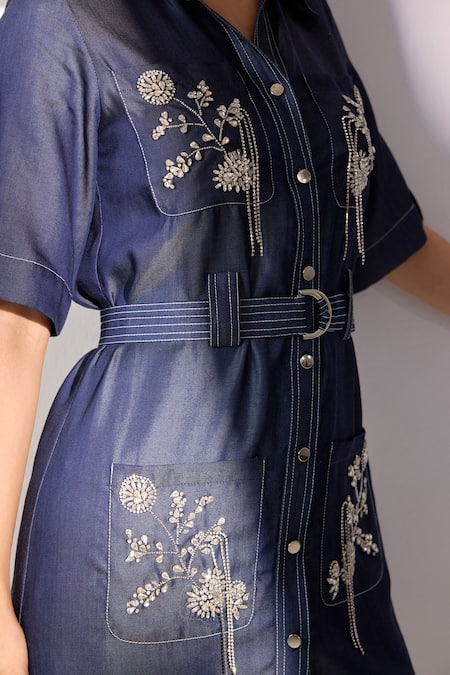 Label Deepika Nagpal Blue Denim Embroidery Collared Short Dress With Belt at Aza Fashions Label Deepika Nagpal_Blue Denim Embroidery Collared Short Dress With Belt _at_Aza_Fashions