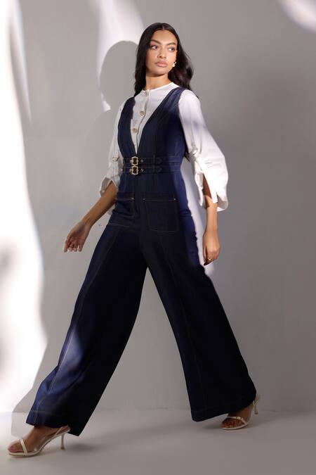 Label Deepika Nagpal Blue Denim V-, Round Sleeveless Jumpsuit Online at Aza Fashions Label Deepika Nagpal_Blue Denim V-, Round Sleeveless Jumpsuit _Online_at_Aza_Fashions